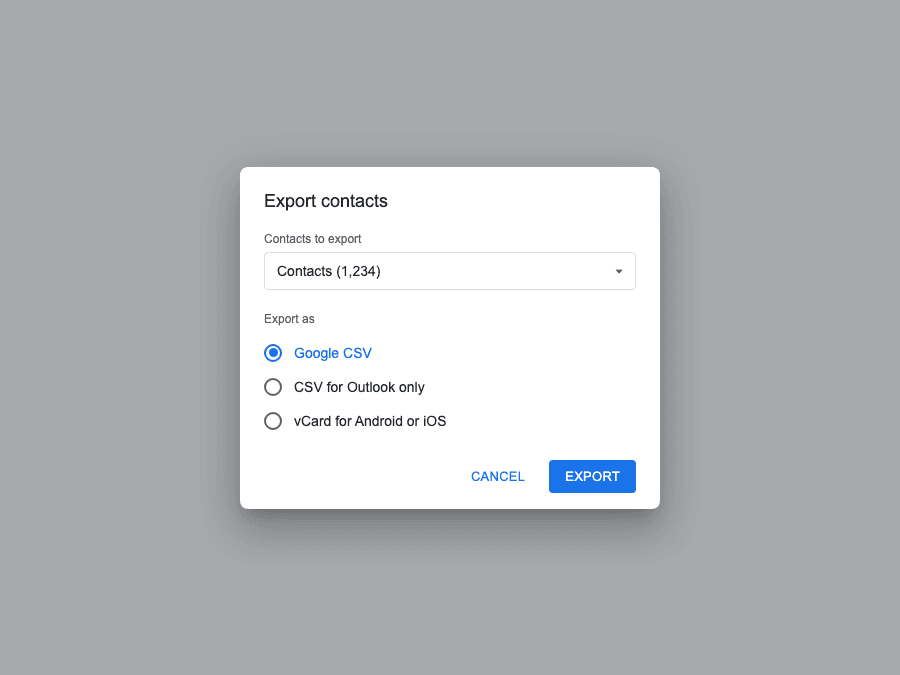 A recreation of the Google Contacts Export contacts dialog, with the contact count, the Export as radio group showing Google CSV selected, and Cancel and Export buttons.