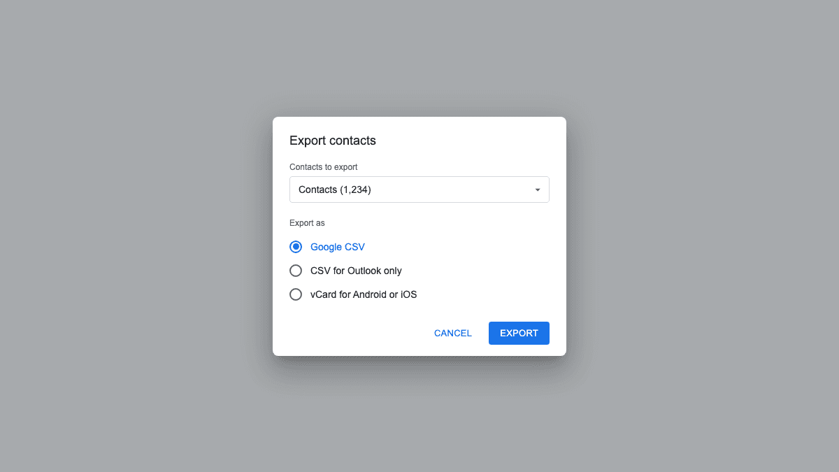 A recreation of the Google Contacts Export contacts dialog, with the contact count, the Export as radio group showing Google CSV selected, and Cancel and Export buttons.